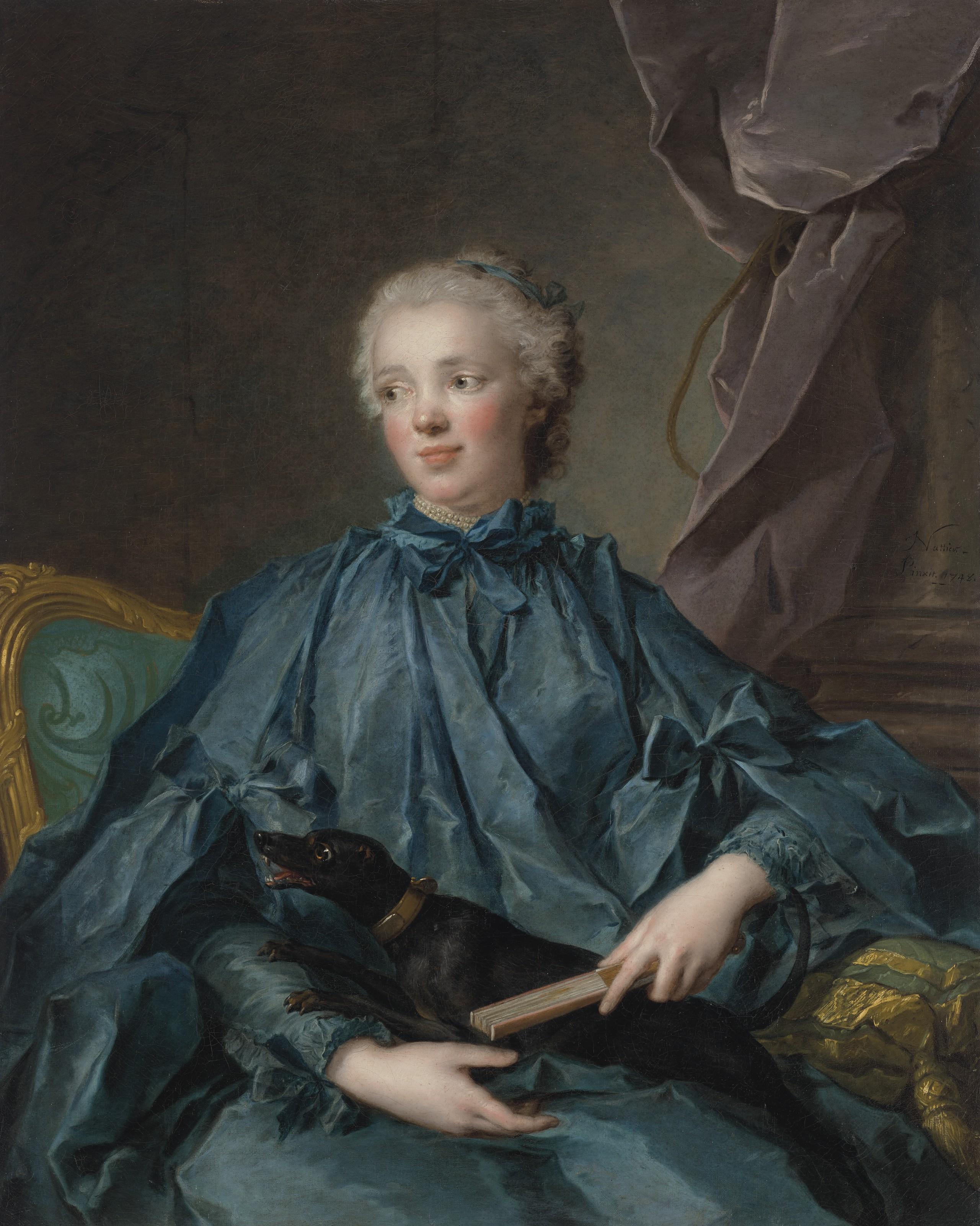 Jean-Marc Nattier - Portrait of Marie Rose Larlan de Rochefort, Marquise de Nétumières (1719-1785), seated, with her dog