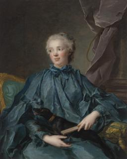Jean-Marc Nattier - Portrait of Marie Rose Larlan de Rochefort, Marquise de Nétumières (1719-1785), seated, with her dog