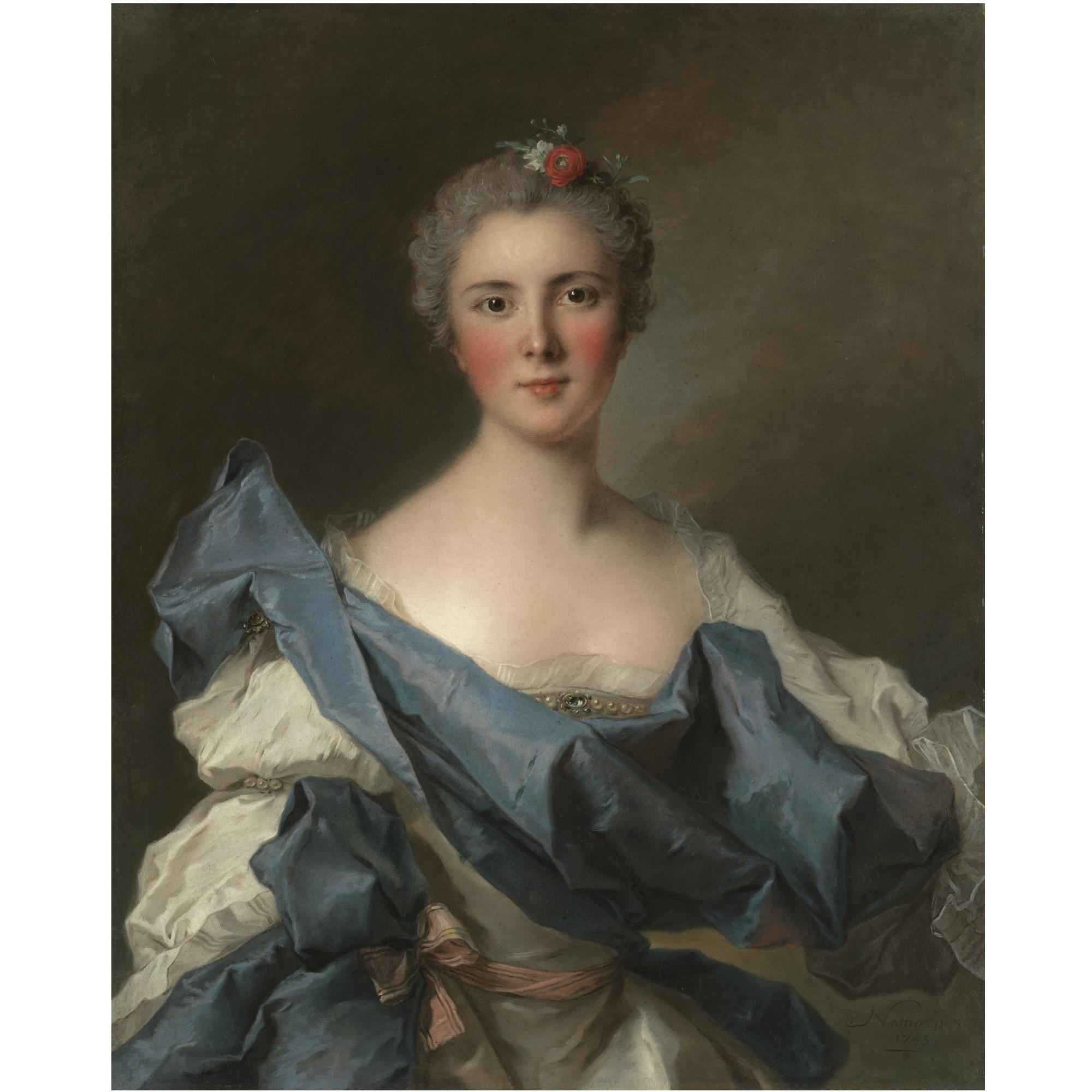 Jean-Marc Nattier - Portrait Of The Comtesse D\'Andlau, Half-Length, In A White Dress With A Blue Shawl