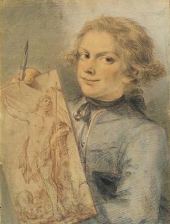 Jean-Martial Frédou - Portrait d\'un jeune dessinateur ägé de 14 ans, tenant un dessin représentant Saint Jean-Baptiste