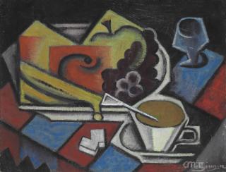 Jean Metzinger - Assiette de fruits et tasse blanche sur nappe à carreaux