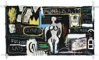 Jean-Michel Basquiat - Crown Hotel (Mona Lisa Black Background)Signed, Titled And Dated 1982 On The Back; Acrylic And Paper Collage On Canvas Mounted On Tied Wood Supports.