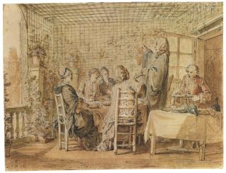 Jean-Michel Moreau - A Family Dining On A Trellised Terrace