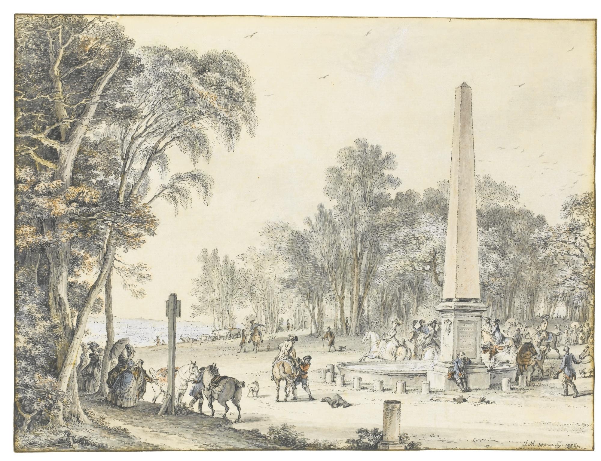 Jean-Michel Moreau - A Hunting Party Halting At A Pool By An Obelisk