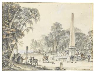Jean-Michel Moreau - A Hunting Party Halting At A Pool By An Obelisk