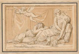Jean-Michel Moreau - Deux Femmes Éplorées Soutenant Une Femme Drapée, Un Putto Brisant Un Arc