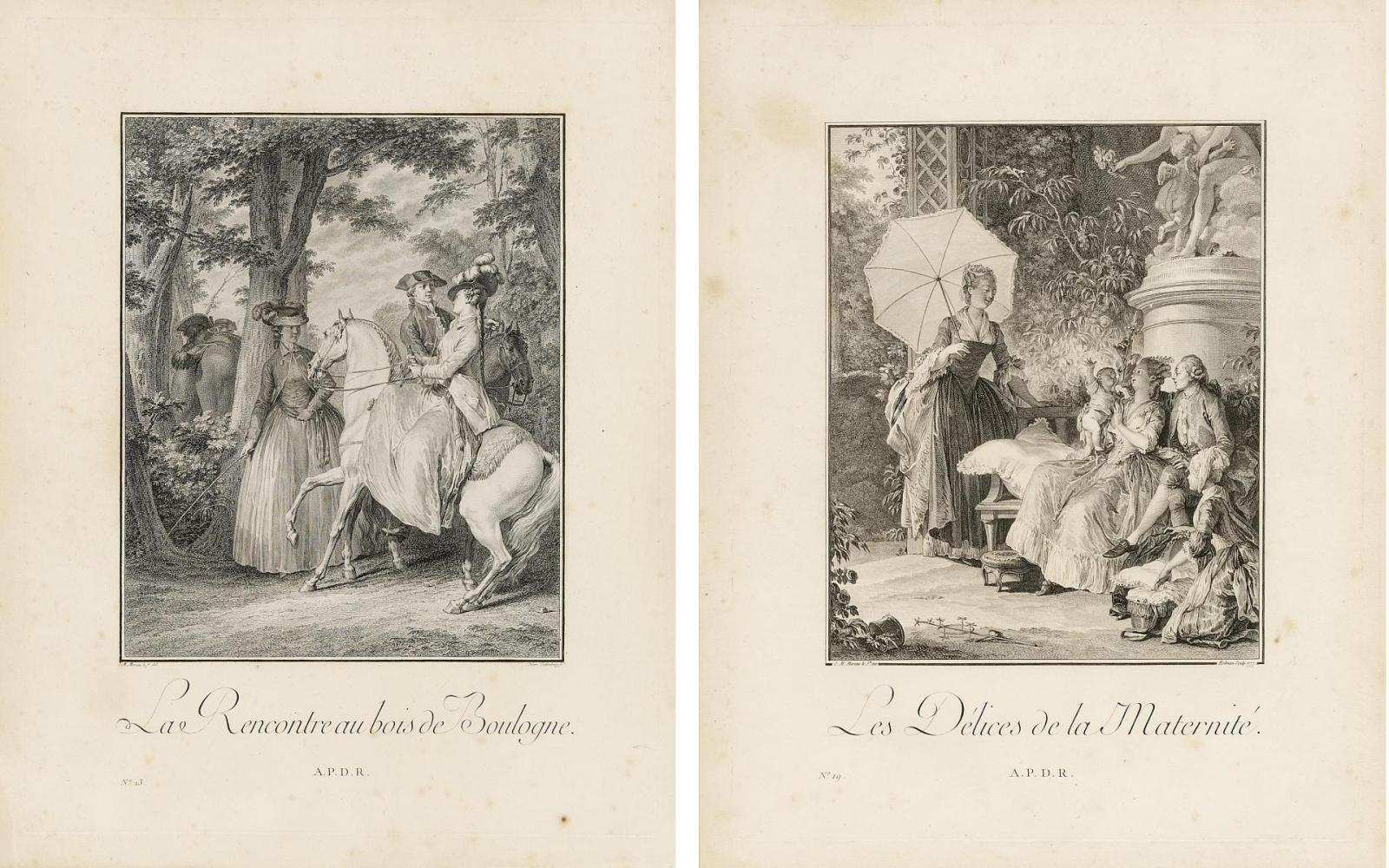 Jean Michel Moreau - »Les Délices de la Maternité« sowie »La Rencontre au bois de Boulogne«.