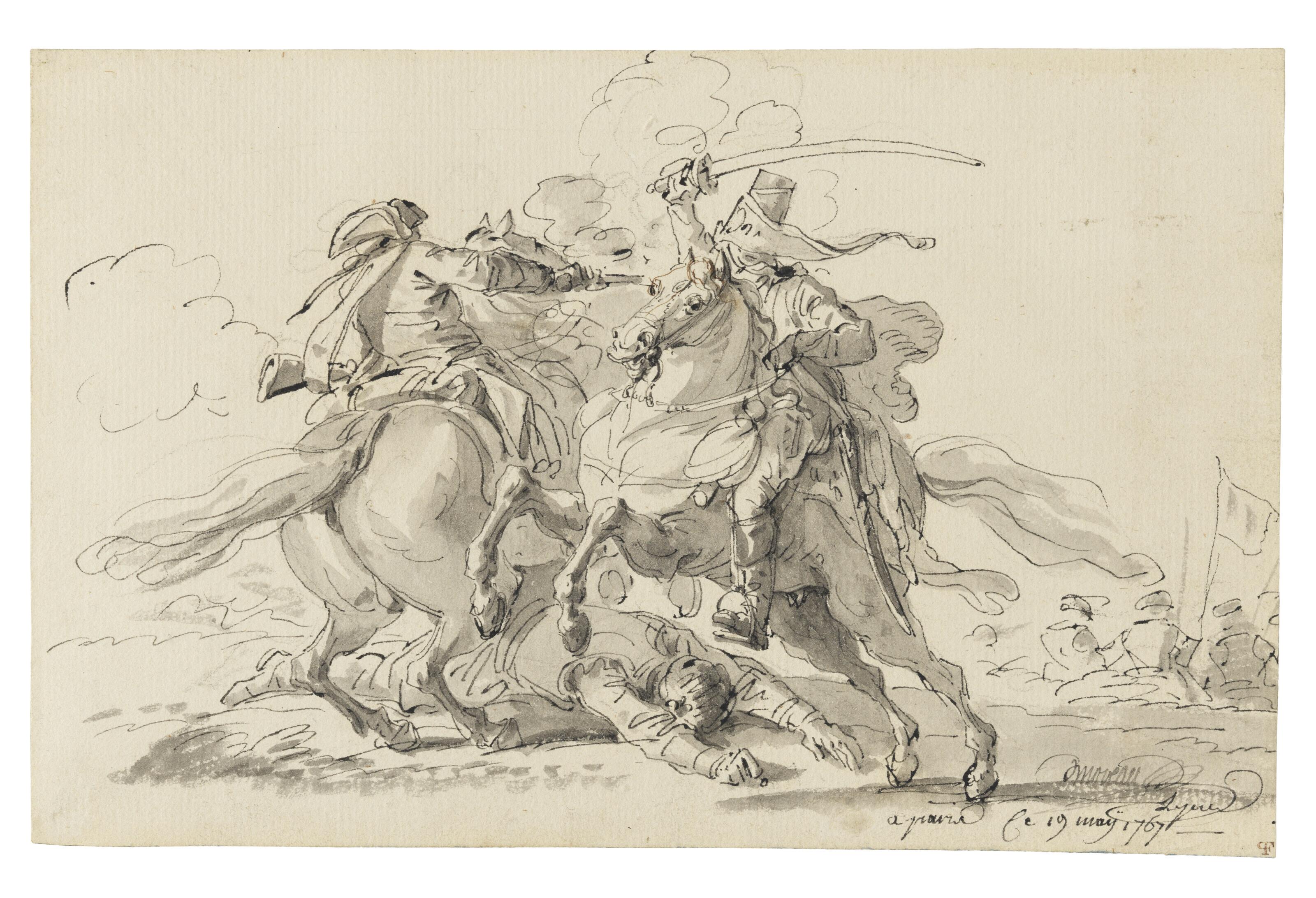 Jean-Michel Moreau - Two mounted soldiers in combat
