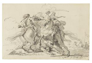 Jean-Michel Moreau - Two mounted soldiers in combat