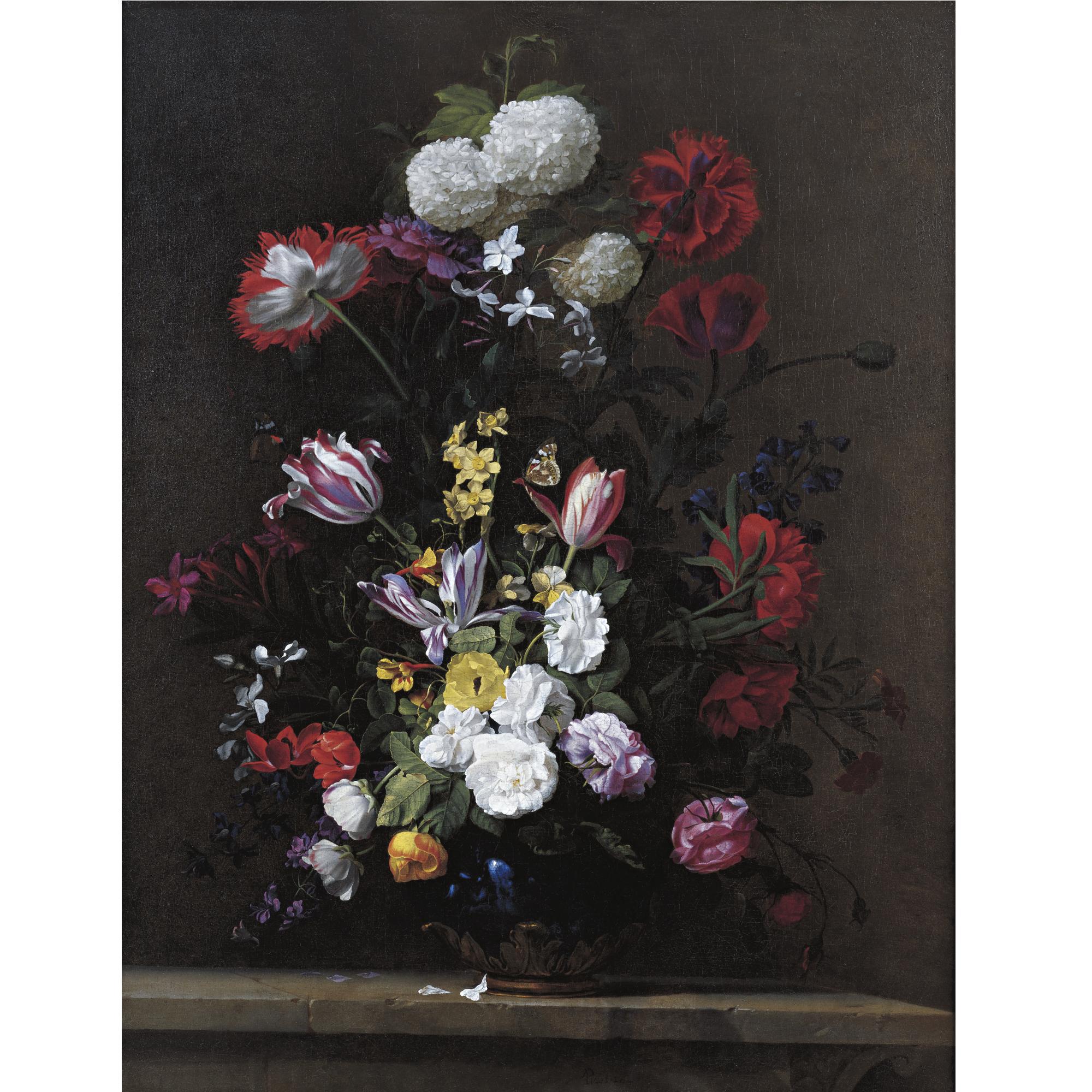 Jean - Michel Picart - A Bouquet Of Flowers With Poppies, Roses, Tulips, Narcissi, Cyclamen, And Hydrangeas In A Lapis Vase With Butterflies On A Stone Ledge