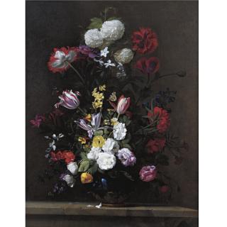 Jean - Michel Picart - A Bouquet Of Flowers With Poppies, Roses, Tulips, Narcissi, Cyclamen, And Hydrangeas In A Lapis Vase With Butterflies On A Stone Ledge
