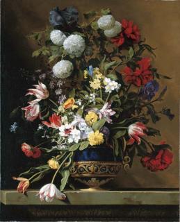 Jean-Michel Picart - Chrysanthemums, tulips, irises, peonies and other flowers in a lapis vase with gilt ormolu on a sculpted stone ledge