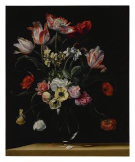 Jean-Michel Picart - Tulips, Daffodils, Carnations, Poppies, Anemones, And Other Flowers In A Glass Vase On A Wooden Ledge;  Tulips, Lilies, Daffodils, Lilacs, And Other Flowers In A Glass Vase On A Wooden Ledge: A Pair