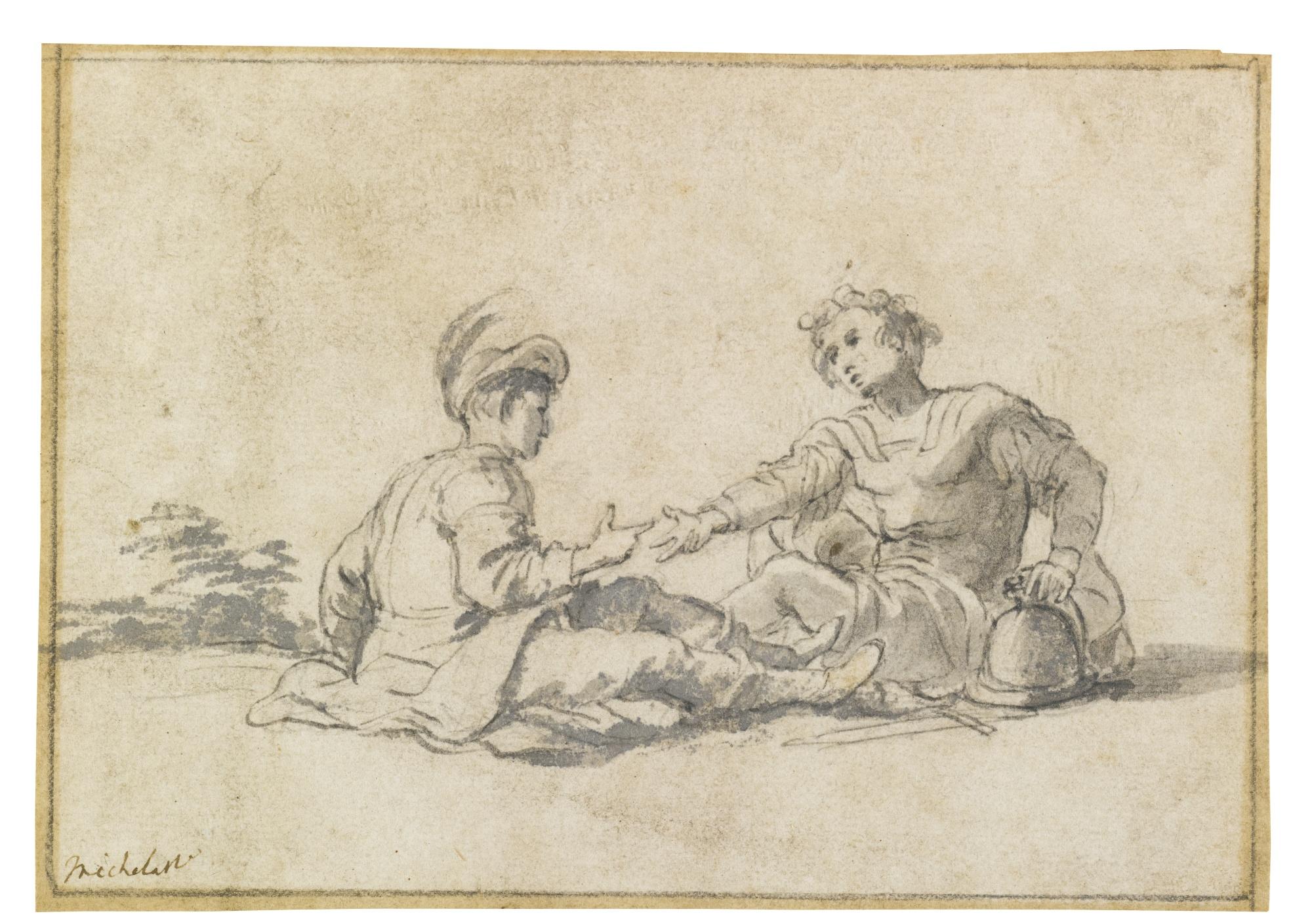 Jean Michelin - A Pair Of Drawings: Two Soldiers Playing Cards And Two Soldiers Playing A Hand Game