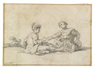 Jean Michelin - A Pair Of Drawings: Two Soldiers Playing Cards And Two Soldiers Playing A Hand Game