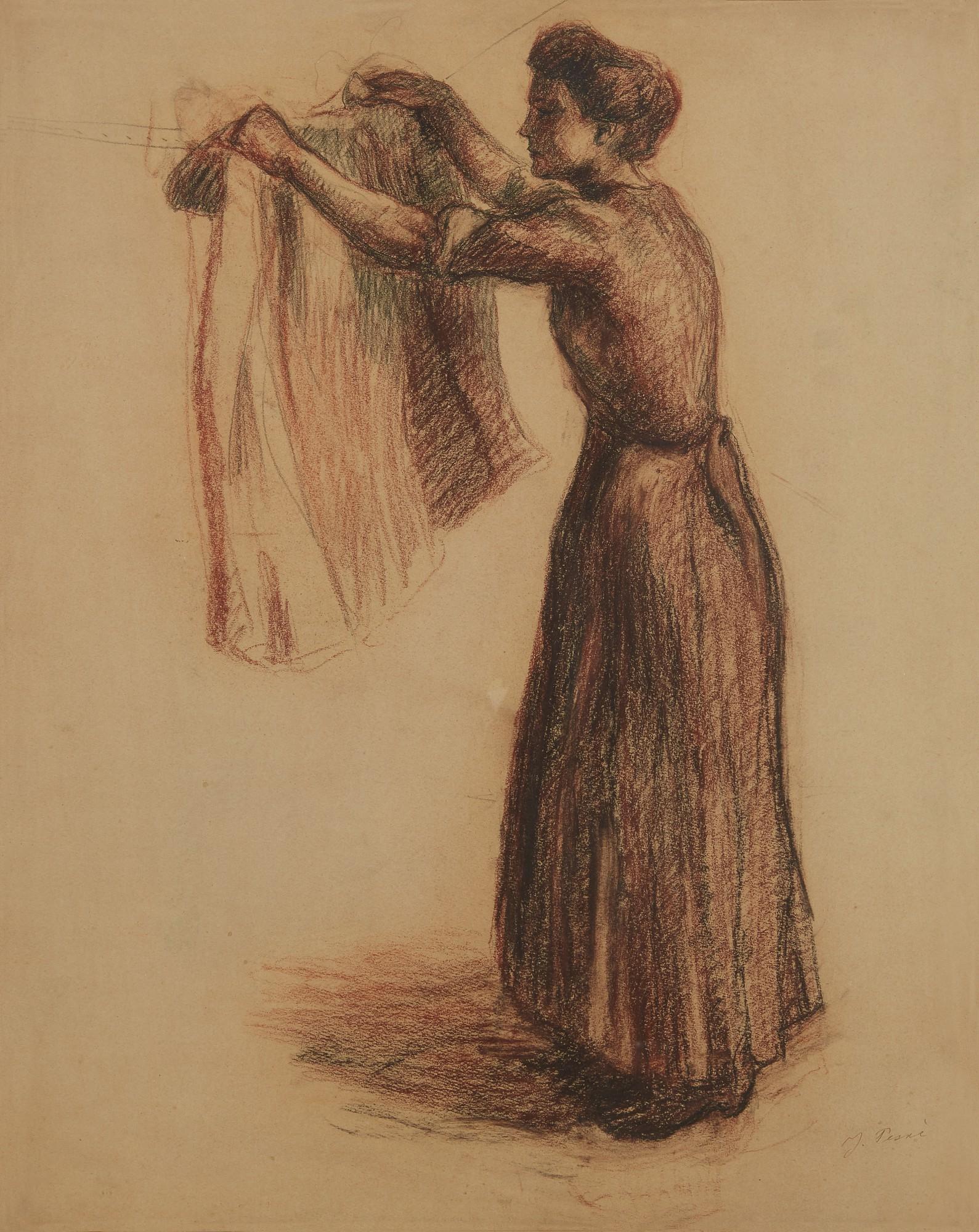 Jean Misceslas Peské - Femme Étendant Du Linge