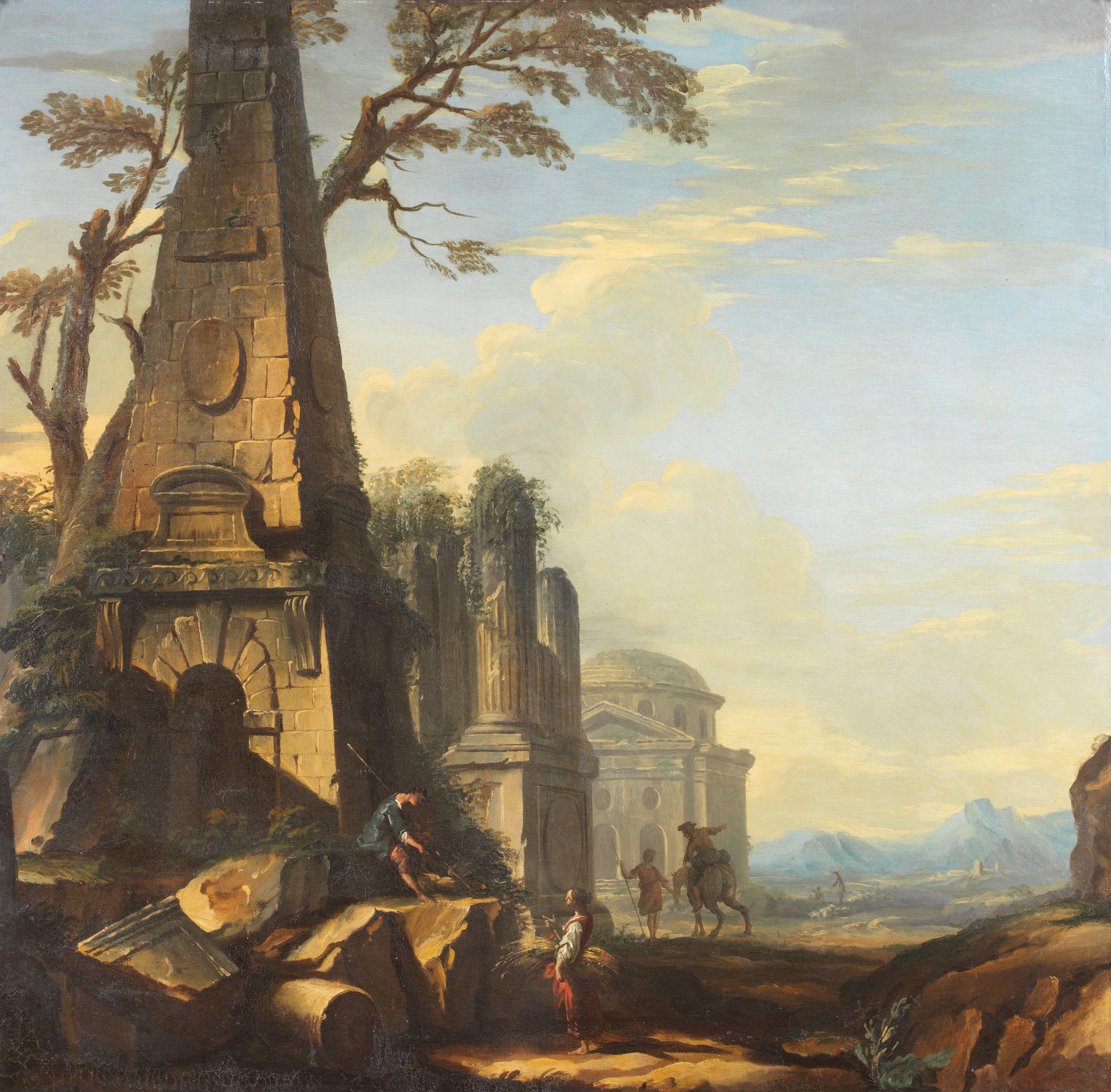Jean Nicolas Servandoni - Figures before an obelisk, with ruins in the distance