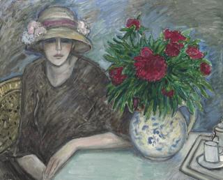 Jean-Pierre Cassigneul - Femme assise avec pivoines radix
