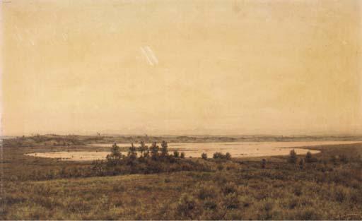 Jean Pierre François Lamorinière - A Panoramic View Of A Lake At Sunset