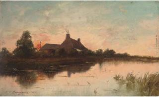 Jean Pierre François Lamorinière - A riverside cottage at sunset
