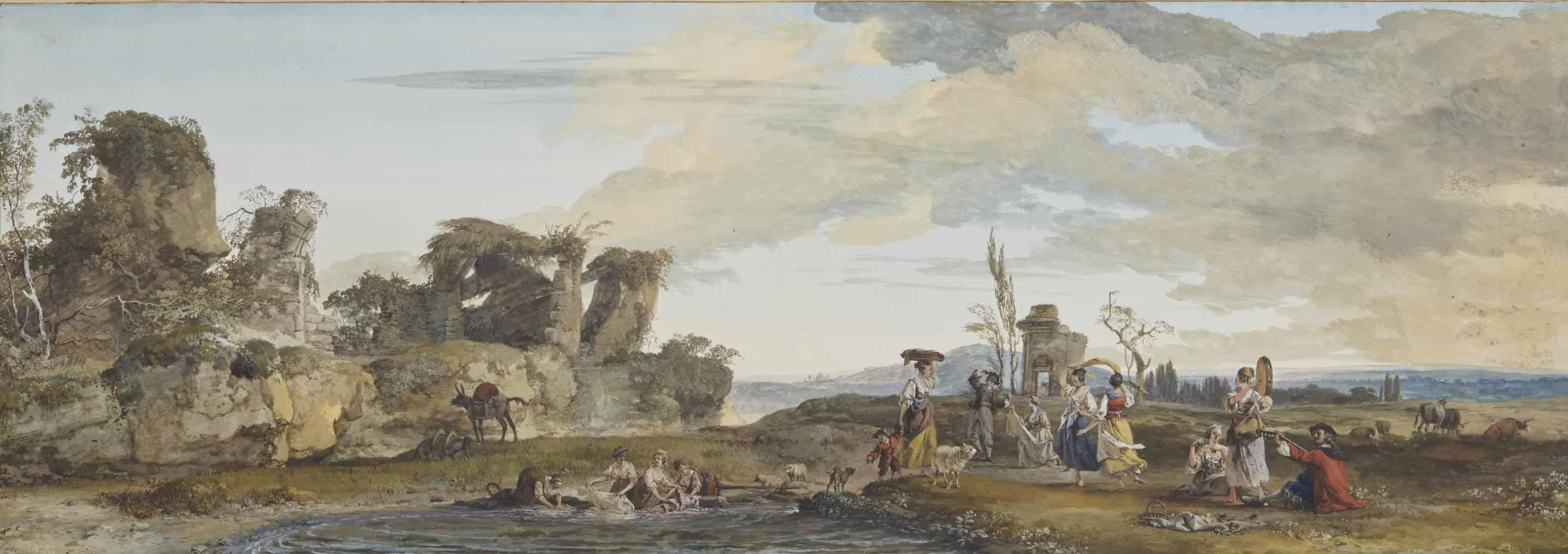 Jean-Pierre Houel - Jeunes Femmes Dansant Et Lavandières Dans Un Paysage En Ruines
