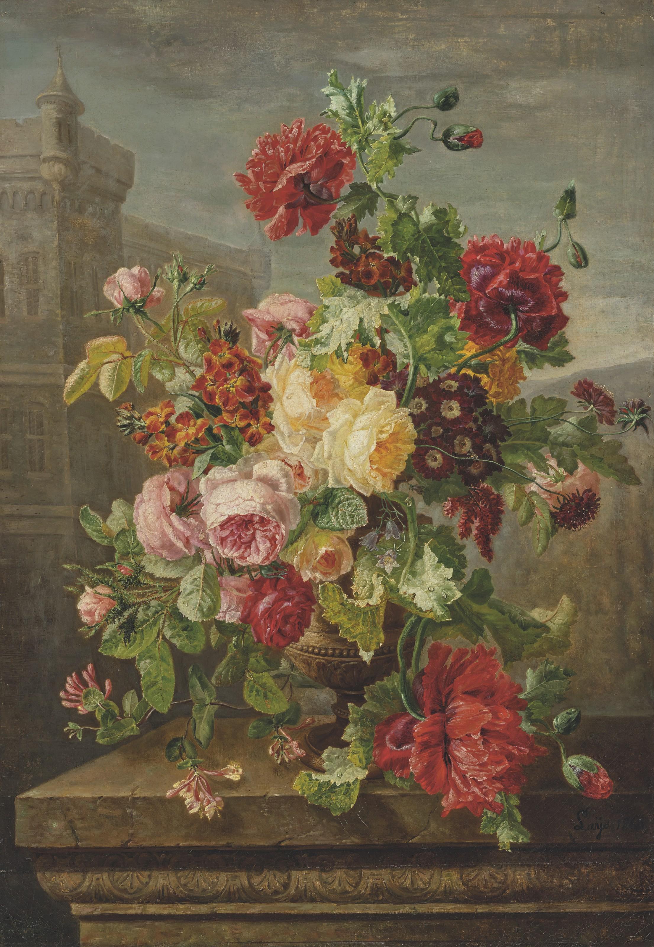 Jean-Pierre Lays - Roses, Poppies, Honeysuckle and Polyanthus, in a urn on a stone ledge