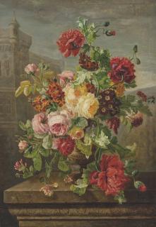 Jean-Pierre Lays - Roses, Poppies, Honeysuckle and Polyanthus, in a urn on a stone ledge