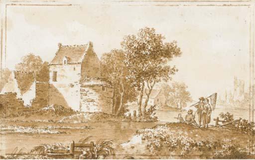 Jean-Pierre-Louis Hoüel - Un paysage fluvial avec deux pêcheurs et une femme, une maison au fond