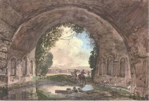Jean-Pierre-Louis-Laurent Hoüel - A Vaulted Spring With Two Gentlemen On Horseback And A Peasant Woman Washing Clothes