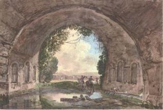 Jean-Pierre-Louis-Laurent Hoüel - A Vaulted Spring With Two Gentlemen On Horseback And A Peasant Woman Washing Clothes