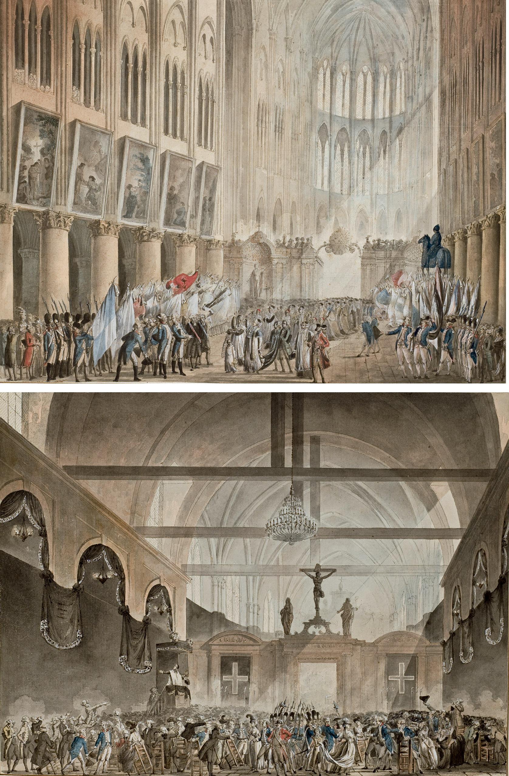 Jean-Pierre-Louis-Laurent Houel - Bénédiction Des Drapeaux À Notre-Dame ; Et Monsieur Et Madame De La Fayette Faisant La Quête Pour Le Soulagement Des Veuves Des Citoyens, Dans L\'Église Du Sépulcre À Paris