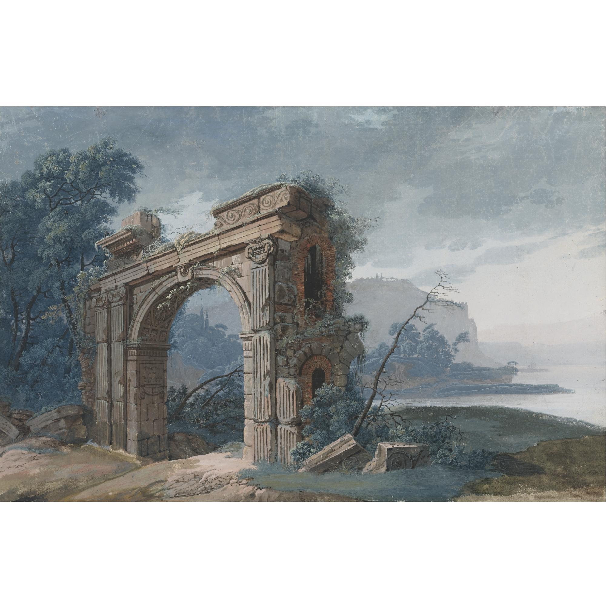 Jean Pierre Louis Laurent Houel - Italianate River Landscape With A Ruined Arch