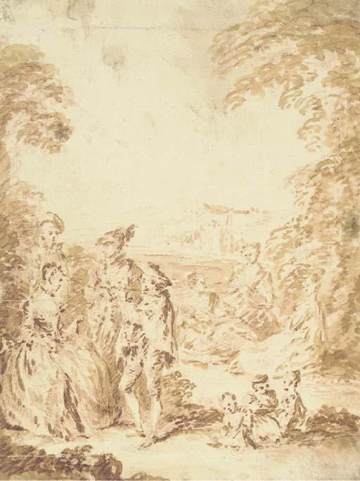 Jean-Pierre Norblin De La Gourdaine - Un groupe de personnages élégants dans un parc