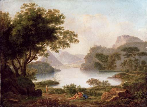 Jean-Pierre Péquignot - A river landscape with a pyramid, with classical figures on a bank
