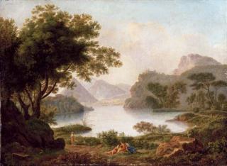 Jean-Pierre Péquignot - A river landscape with a pyramid, with classical figures on a bank