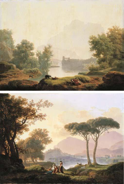 Jean-Pierre Pequignot - Morning and Evening: A classical landscape with shepherds, an acquaduct beyond; and A classical landscape with shepherds and nymphs by a lake, a hilltop castle beyond