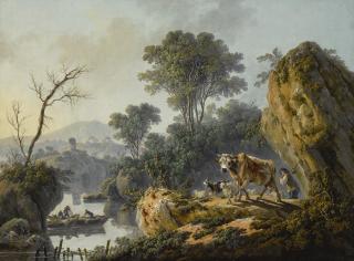 Jean Pillement - A River Landscape With A Shepherd, A Bull, Goat And Sheep In The Foreground, Fishermen In A Boat Beyond