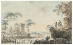 Jean Pillement - A river landscape with figures and animals, and a delapidated building with a tower; and A river landscape with shepherds tending their flock and a farm