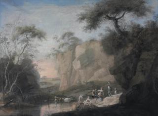 Jean Pillement - A rocky  wooded landscape with figures dancing and resting by a pool and herdsmen driving cattle