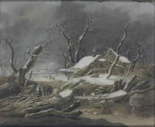 Jean Pillement - A Winter River Landscape With Peasants Gathering Wood, A Hamlet Beyond