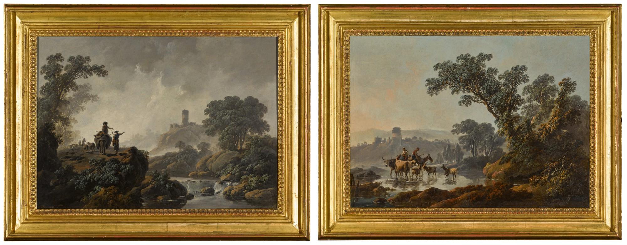 Jean Pillement - A wooded landscape with drovers and livestock; A rocky river landscape with figures and sheep