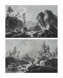 Jean Pillement - Figures on the bank of a rocky stream with fir trees; And fishermen on the bank of a rocky stream with fir trees