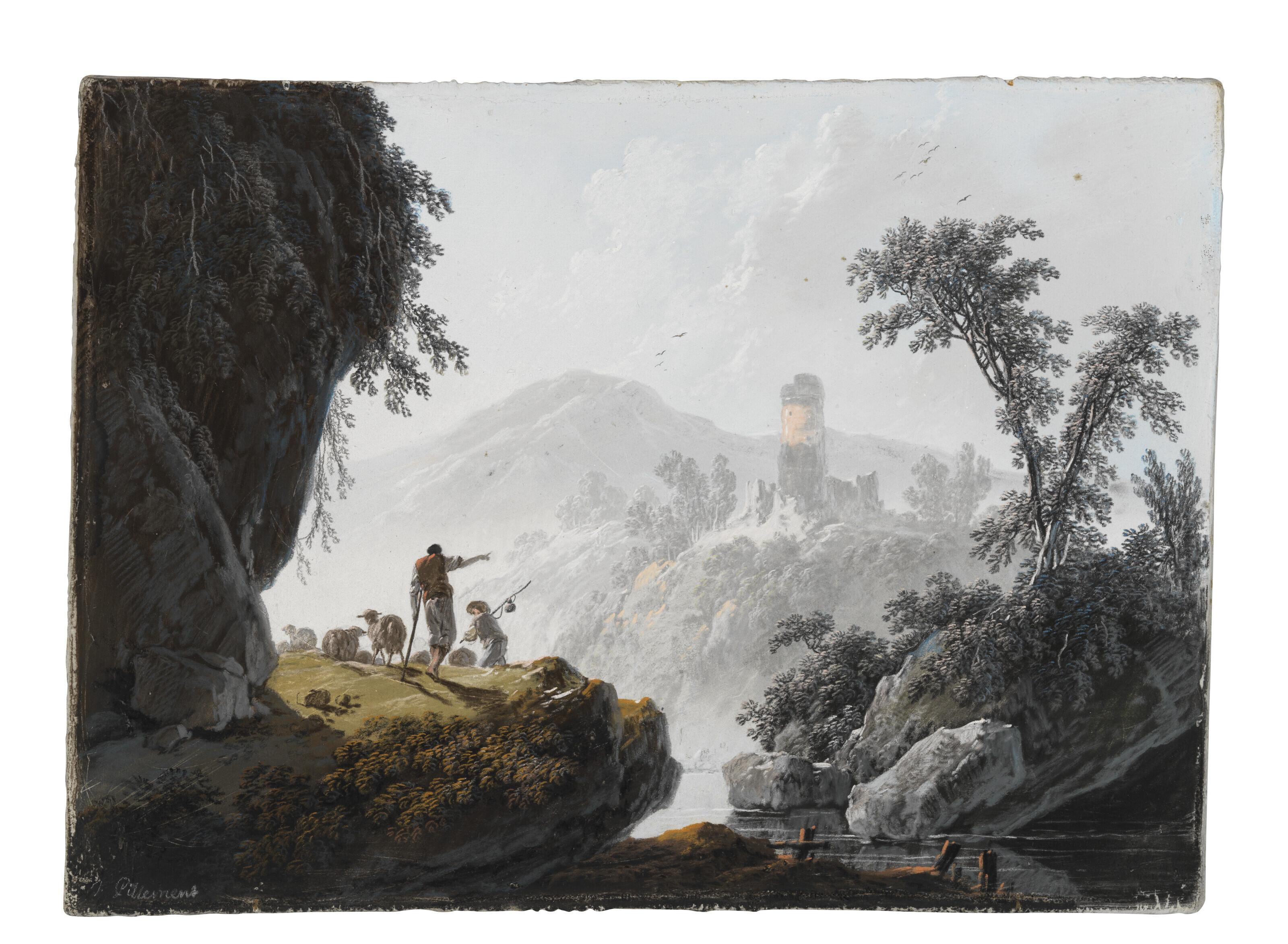 Jean Pillement - Pastoral landscape with shepherds and their flock to the left