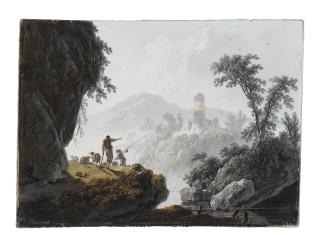 Jean Pillement - Pastoral landscape with shepherds and their flock to the left