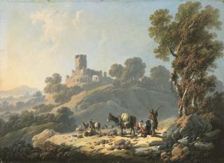 Jean Pillement - Paysage rocheux avec des bergers se reposant sur le sommet d\'une colline