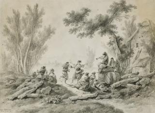 Jean Pillement - Peasants resting and dancing to a piper beside a farm