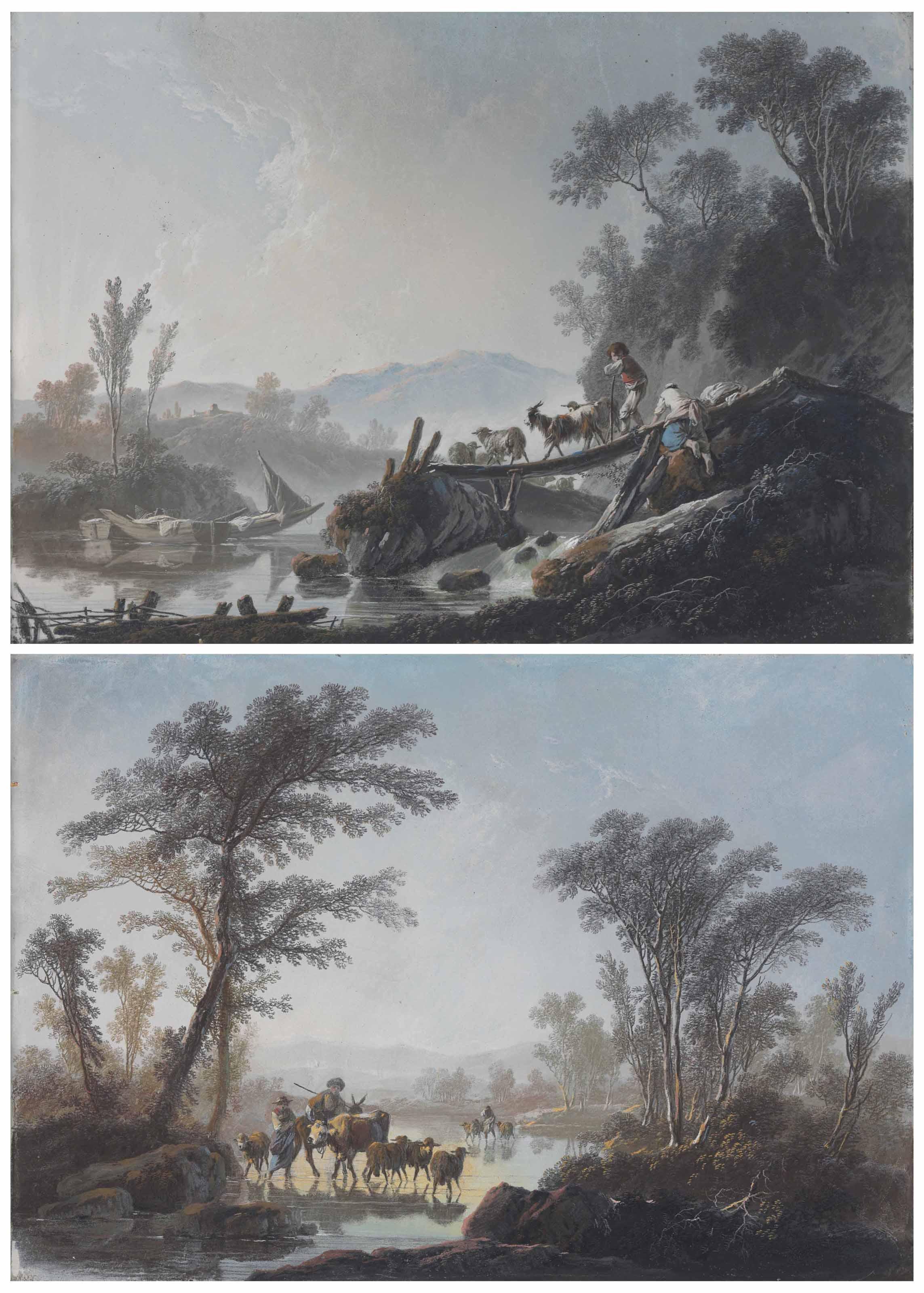 Jean Pillement - Two young shepherds crossing a stream (i); A family fording a river with their animals (ii)