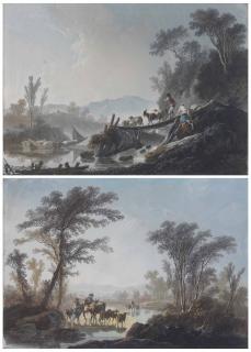 Jean Pillement - Two young shepherds crossing a stream (i); A family fording a river with their animals (ii)