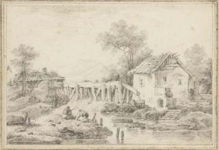 Jean Pillement - Un Paysage Avec Une Maison Et Deux Personnages Pêchant Au Bord D\'Une Rivière