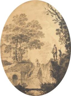 Jean Pillement - Un paysage avec une rivière et deux pêcheurs, une femme et un enfant se dirigeant vers une maison dans le fond